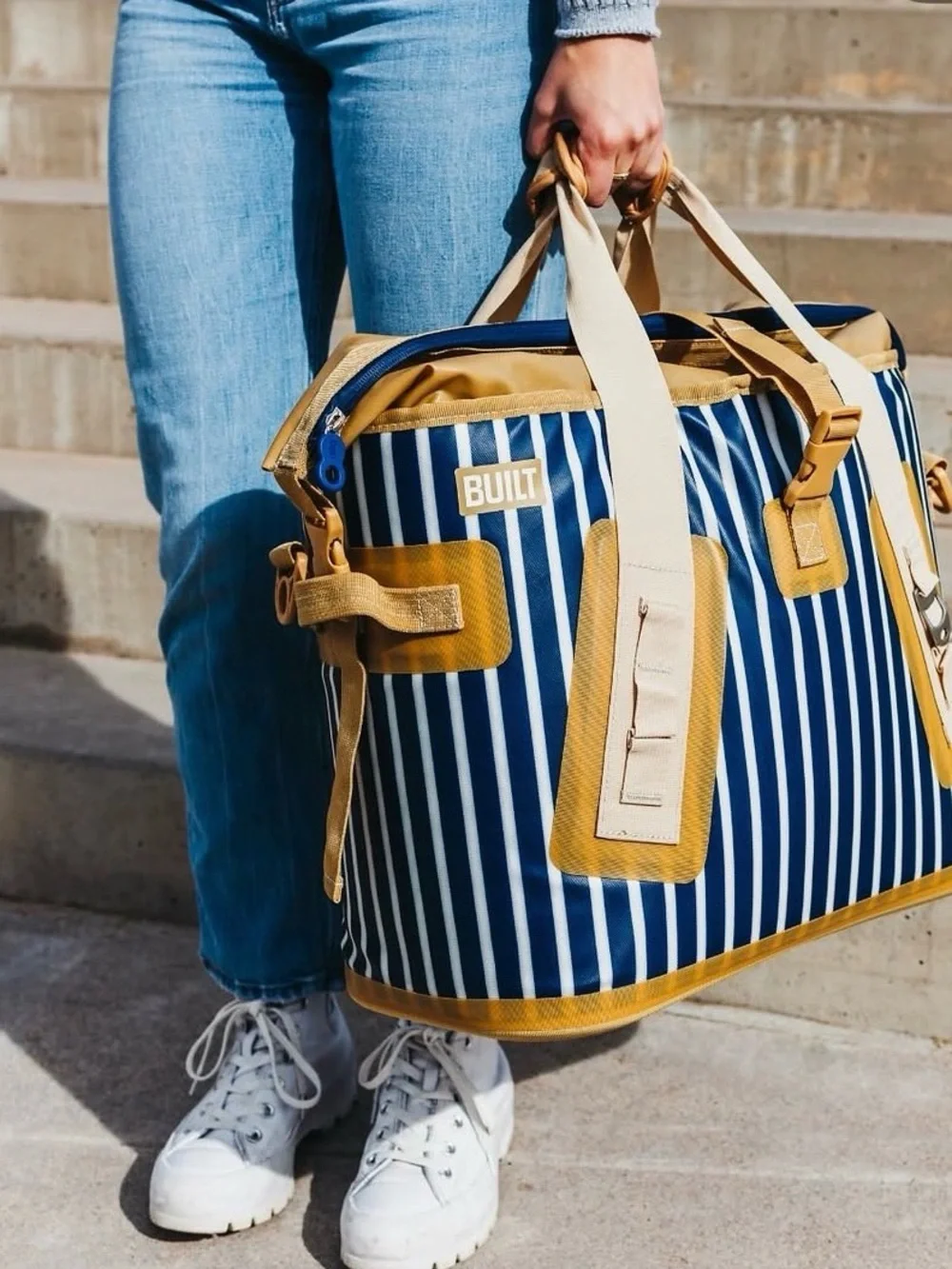 NEW BUILT Ny Large Welded Cooler Navy Stripe Insulated Tote w/Tan Accent